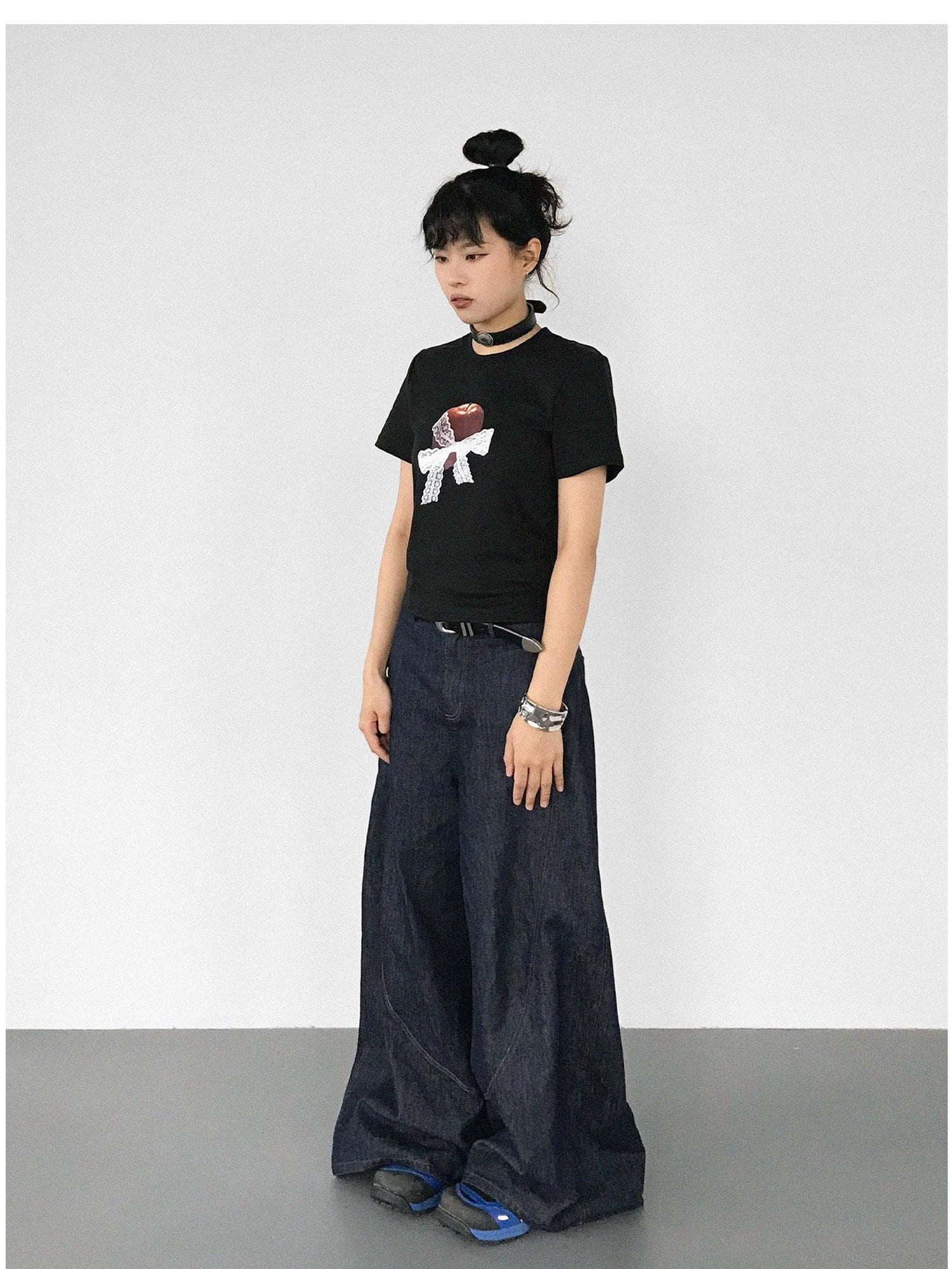 innomoood Apple Lace Bow Print Cotton T-shirt