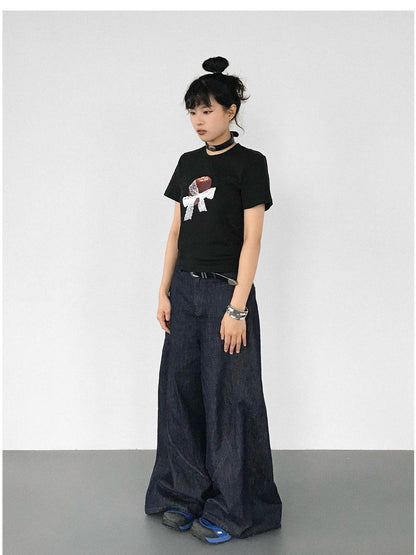 innomoood Apple Lace Bow Print Cotton T-shirt