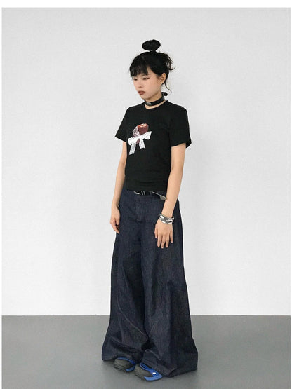 Apple Lace Bow Print Cotton T-shirt