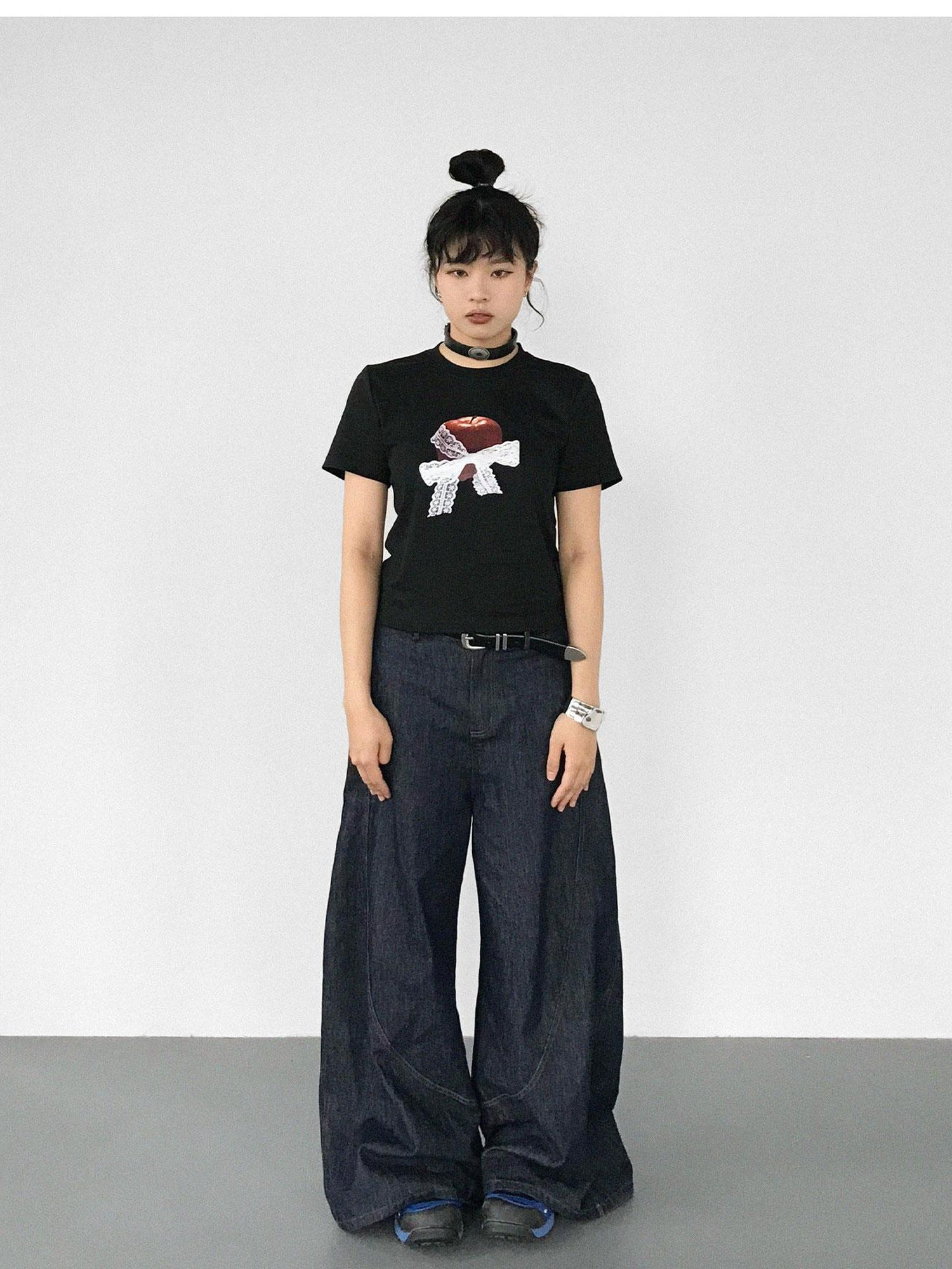 innomoood Apple Lace Bow Print Cotton T-shirt