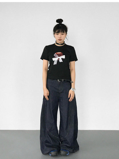 innomoood Apple Lace Bow Print Cotton T-shirt
