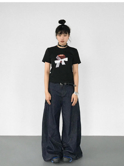 Apple Lace Bow Print Cotton T-shirt