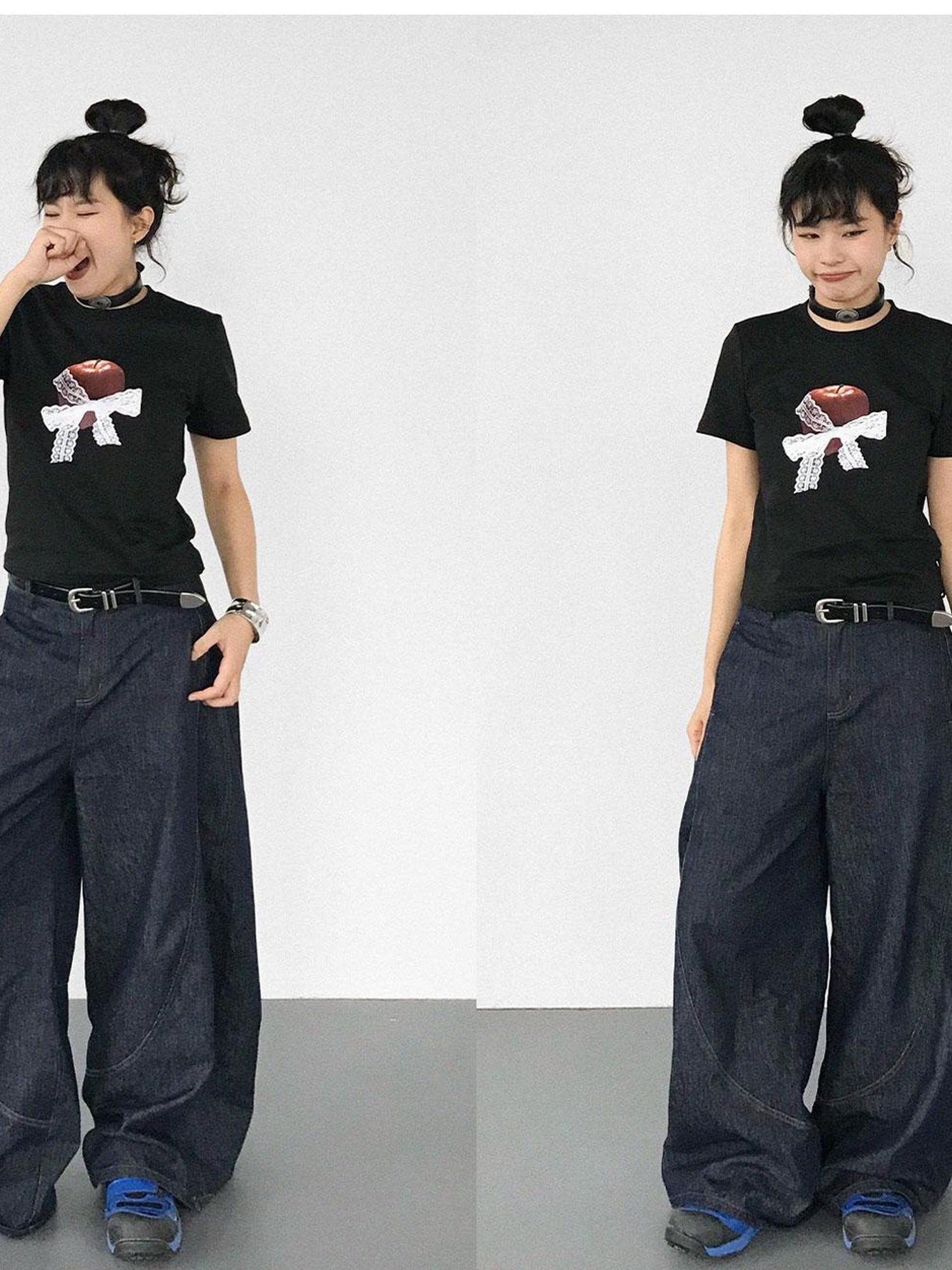 innomoood Apple Lace Bow Print Cotton T-shirt