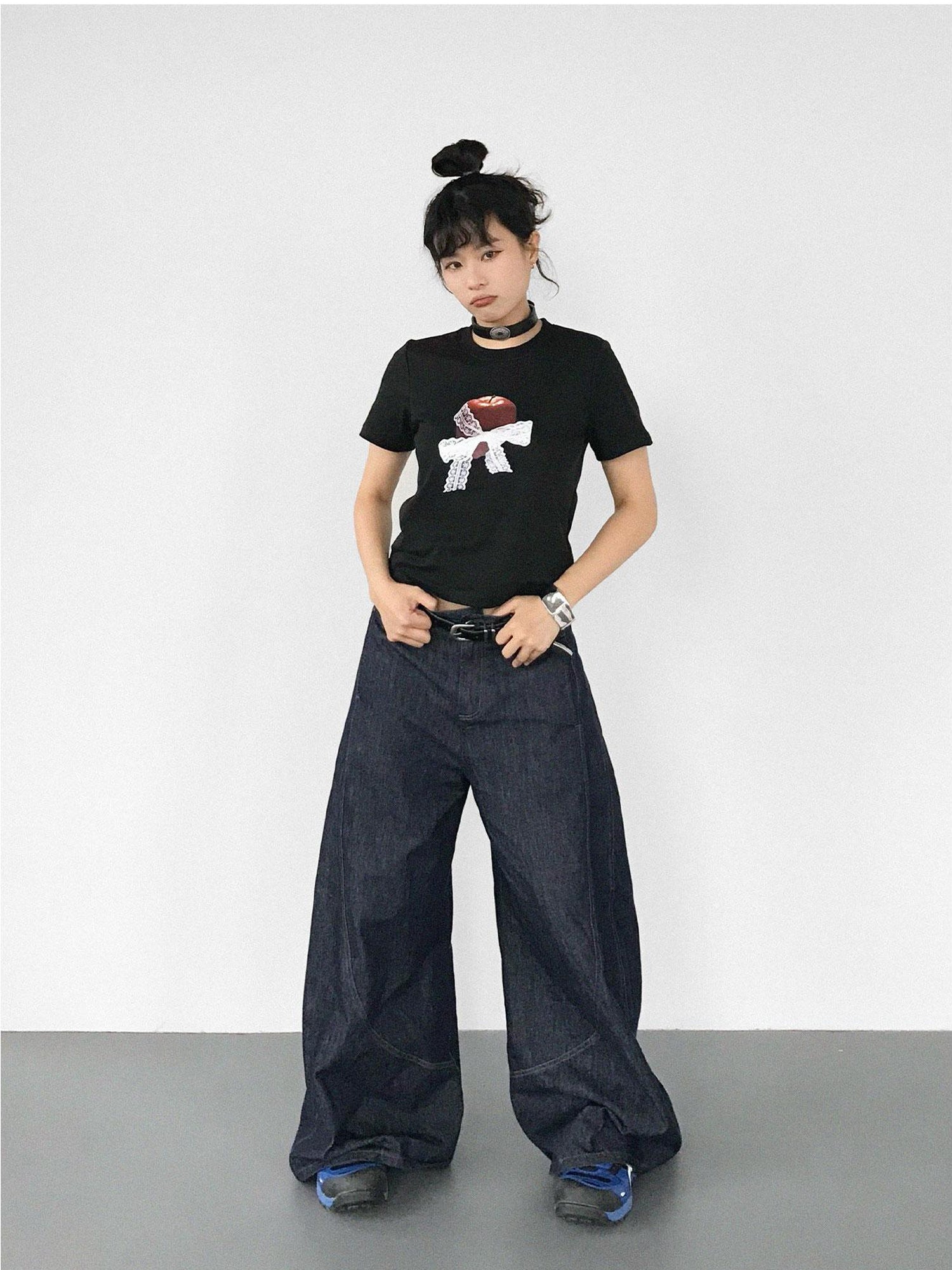 innomoood Apple Lace Bow Print Cotton T-shirt