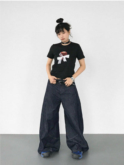 Apple Lace Bow Print Cotton T-shirt