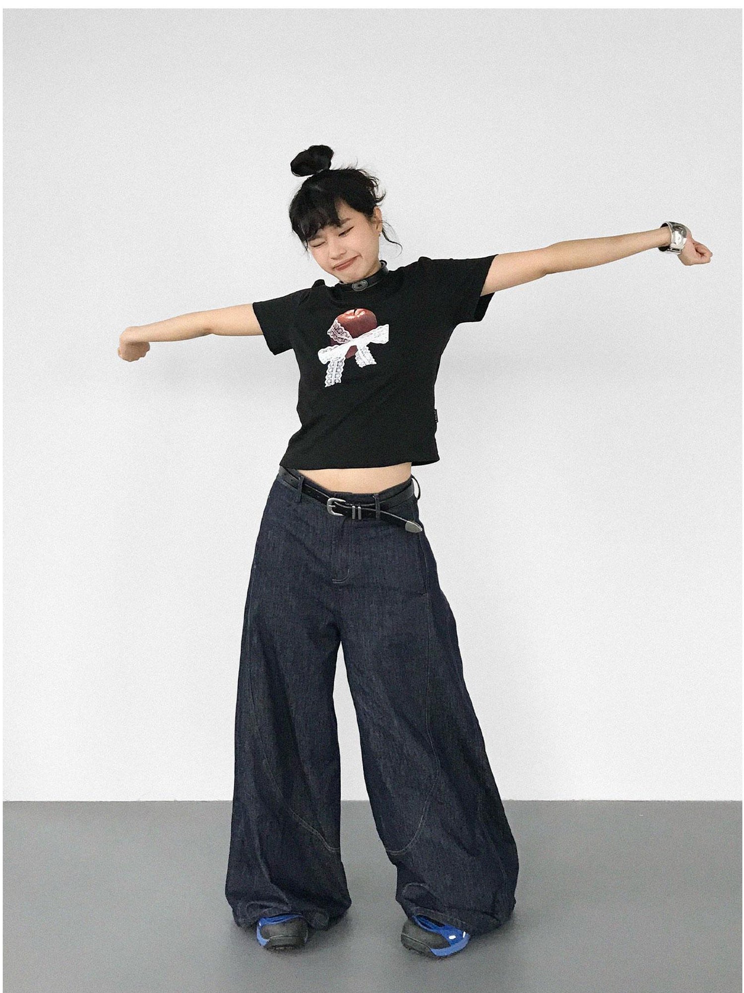 innomoood Apple Lace Bow Print Cotton T-shirt