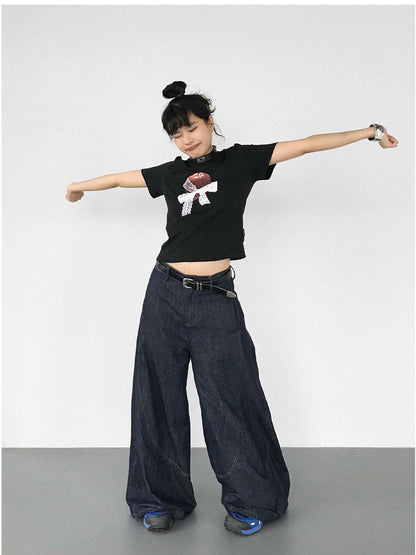 innomoood Apple Lace Bow Print Cotton T-shirt