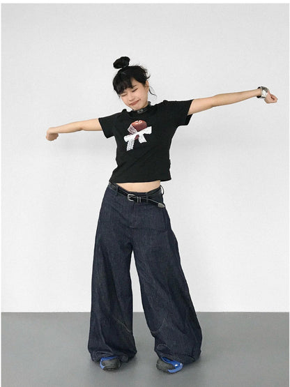 Apple Lace Bow Print Cotton T-shirt