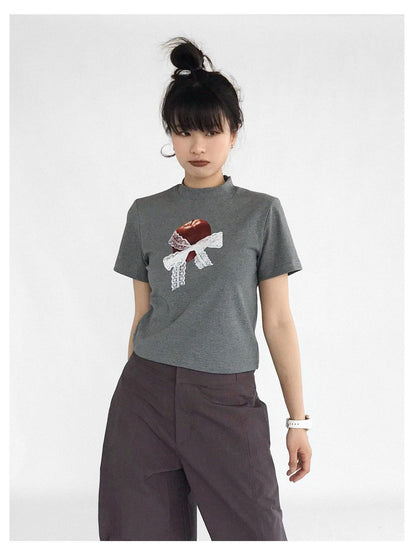 innomoood Apple Lace Bow Print Cotton T-shirt