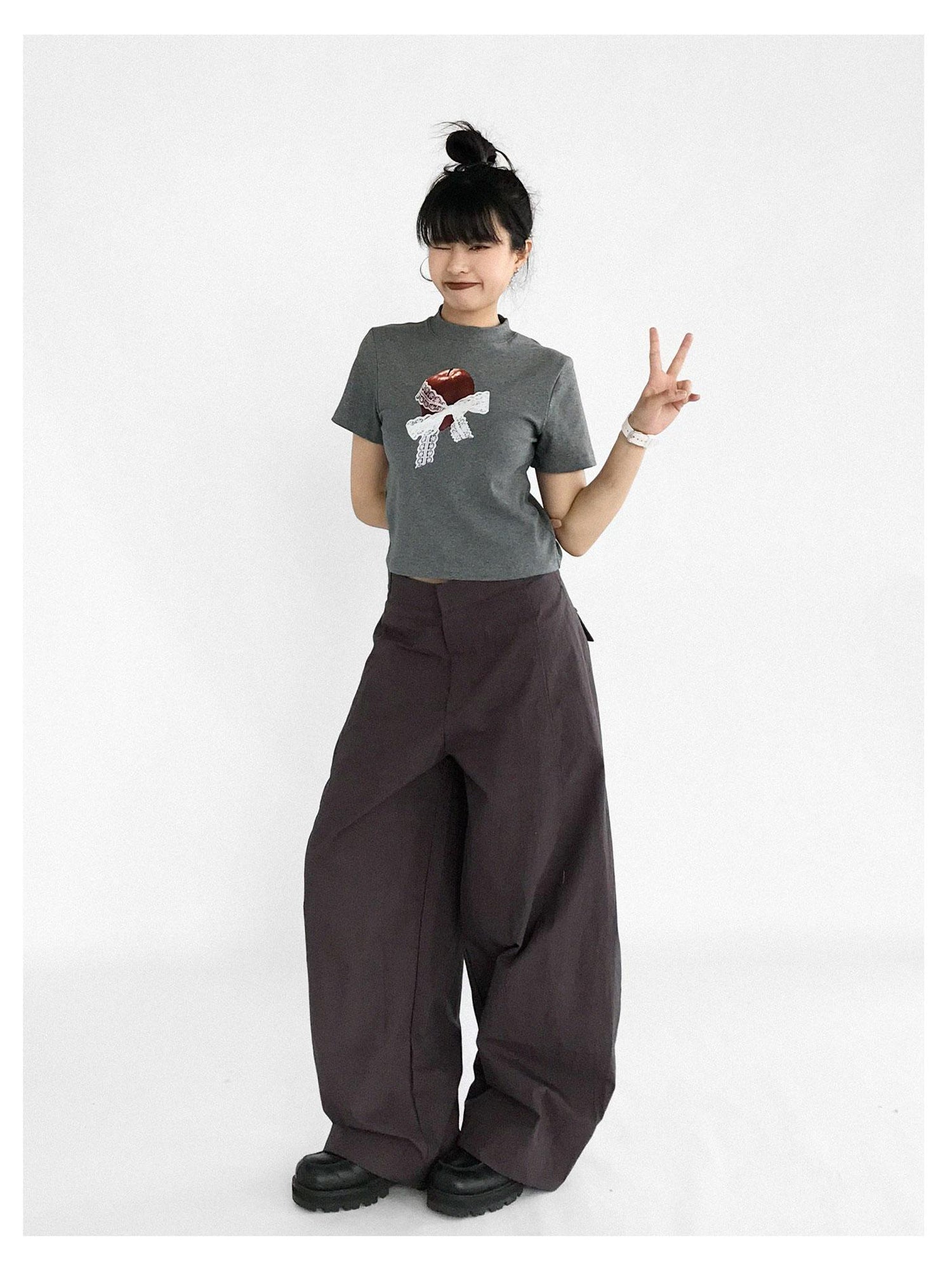 innomoood Apple Lace Bow Print Cotton T-shirt