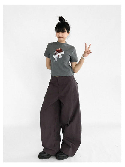 innomoood Apple Lace Bow Print Cotton T-shirt