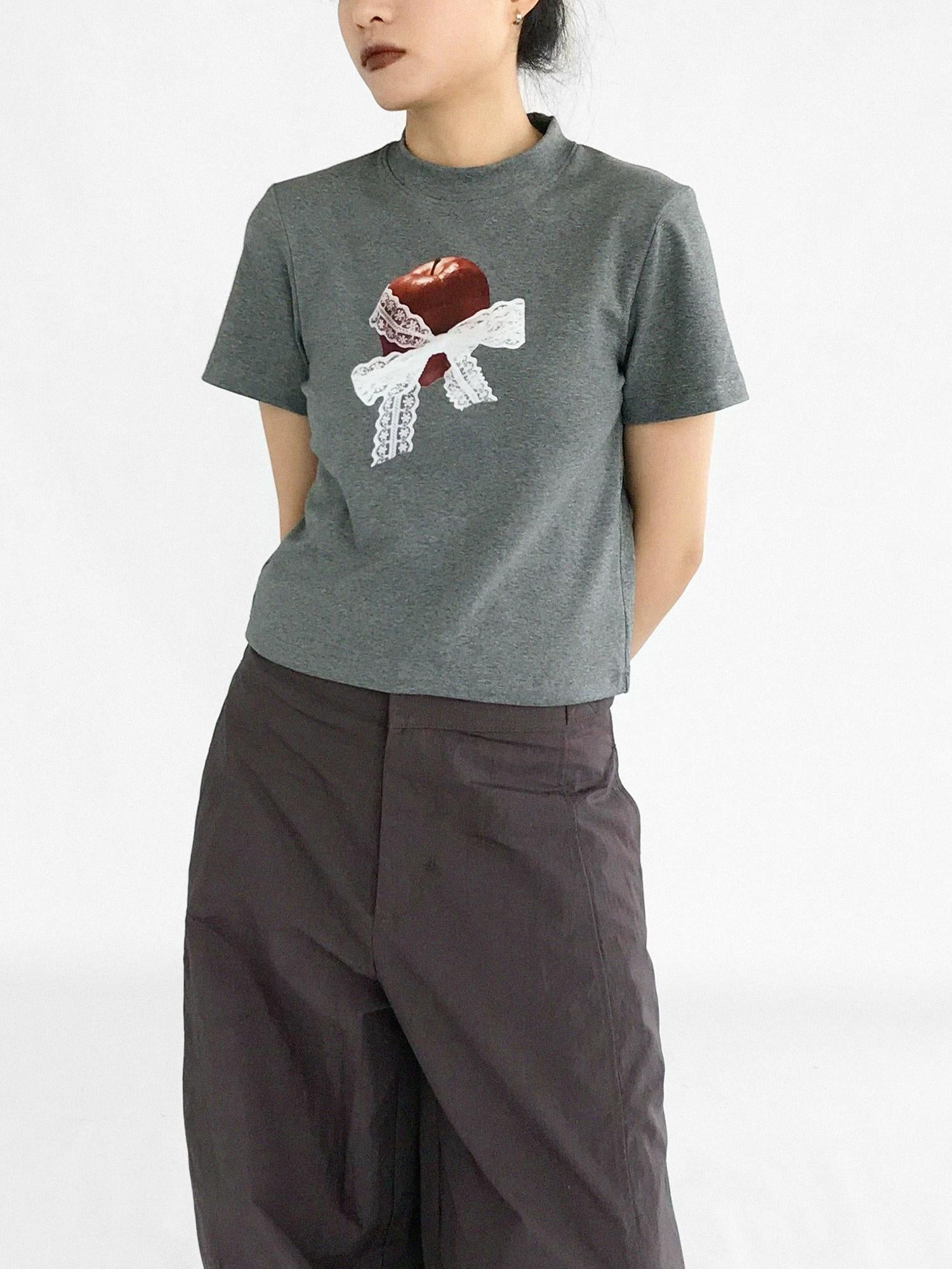 innomoood Apple Lace Bow Print Cotton T-shirt