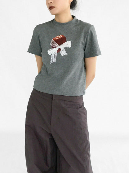 innomoood Apple Lace Bow Print Cotton T-shirt