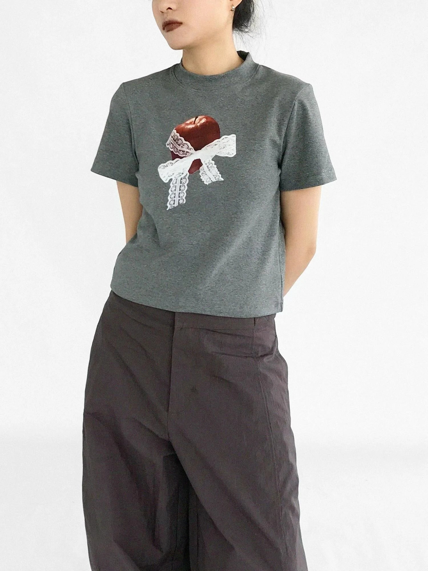 Apple Lace Bow Print Cotton T-shirt