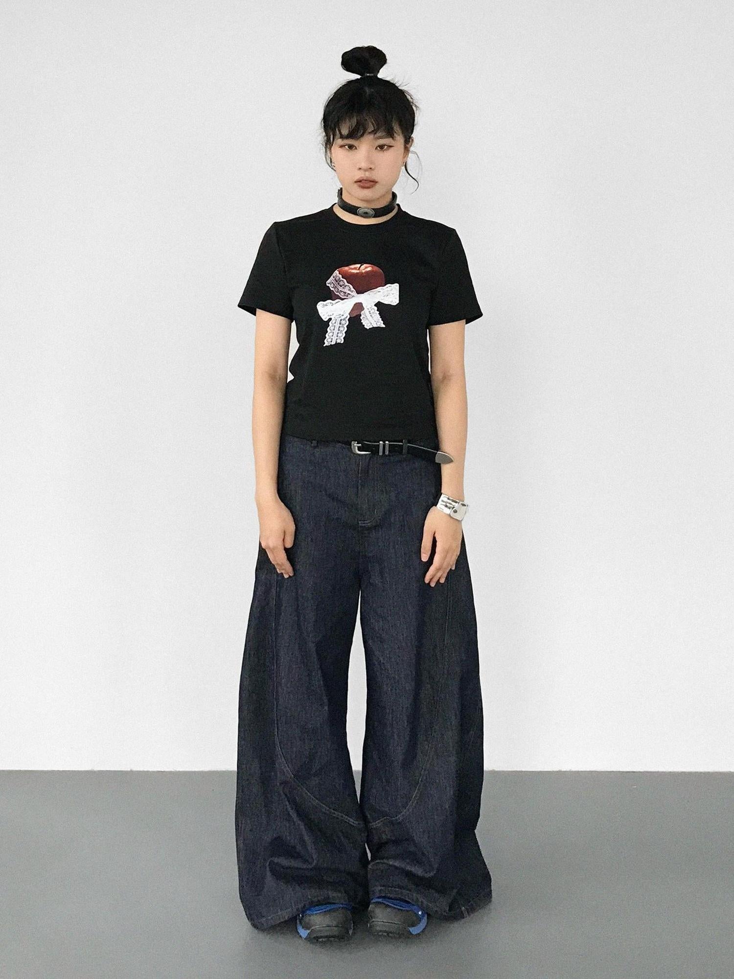 innomoood Apple Lace Bow Print Cotton T-shirt