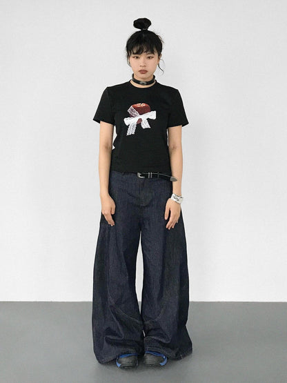 innomoood Apple Lace Bow Print Cotton T-shirt