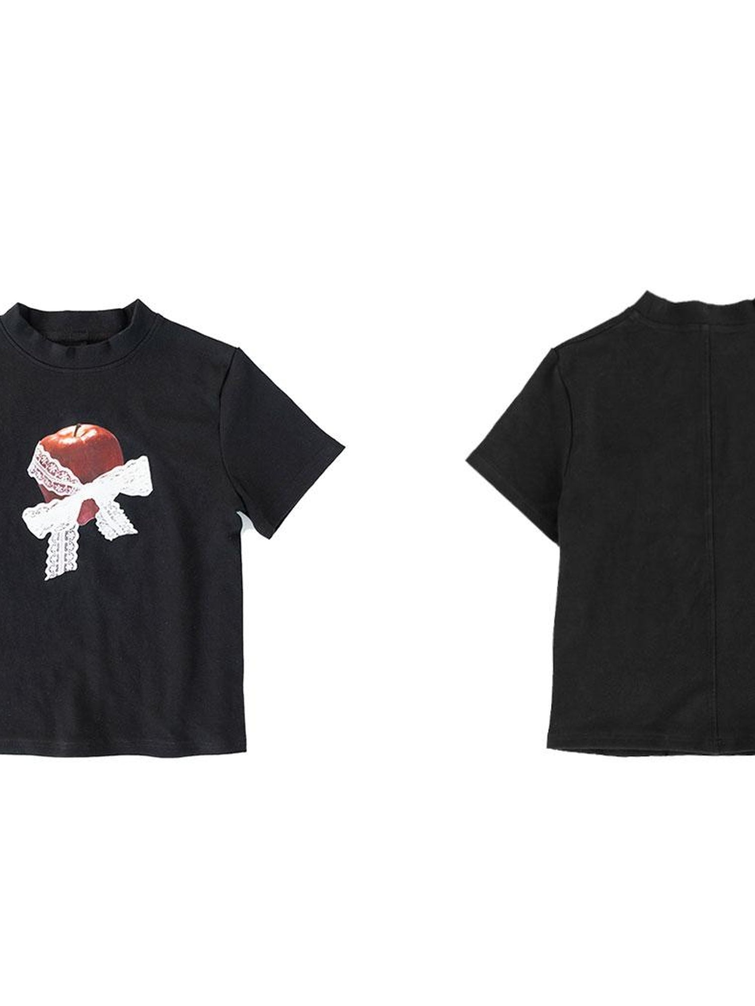 innomoood Apple Lace Bow Print Cotton T-shirt