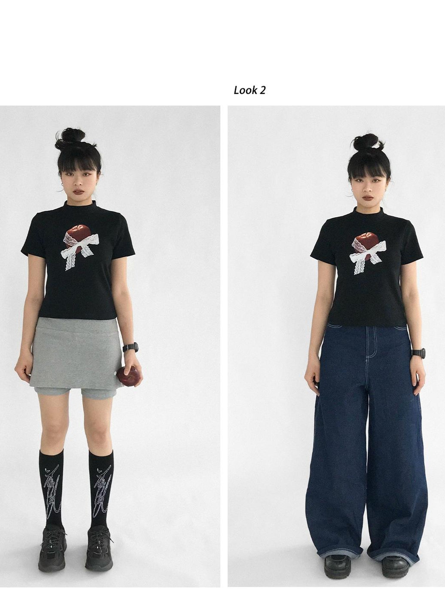 innomoood Apple Lace Bow Print Cotton T-shirt