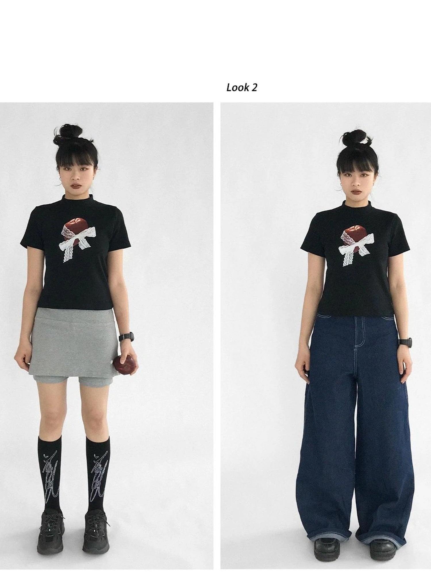 Apple Lace Bow Print Cotton T-shirt