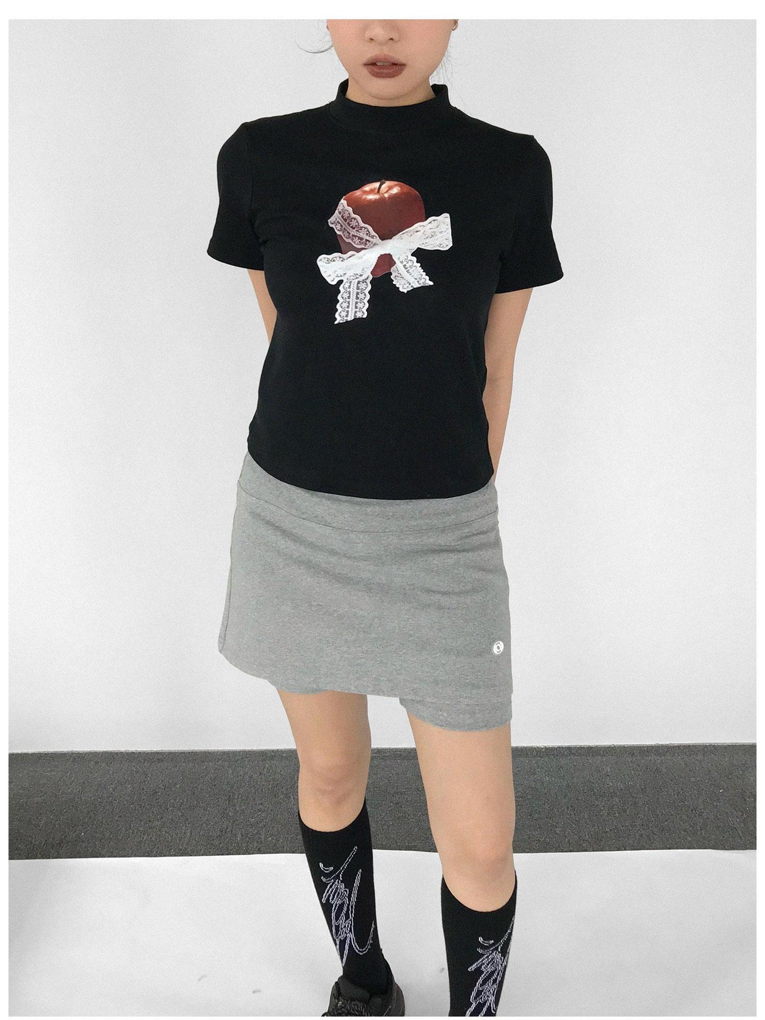 innomoood Apple Lace Bow Print Cotton T-shirt