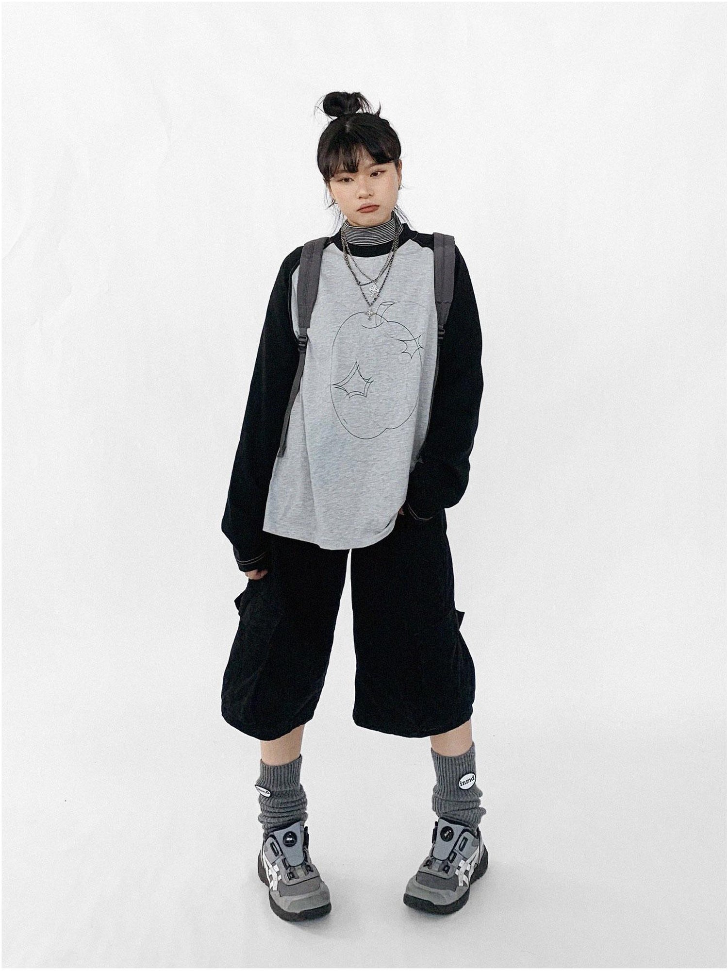 innomoood Apple Stitch Line Print T-shirt Long Sleeve Raglan Unisex