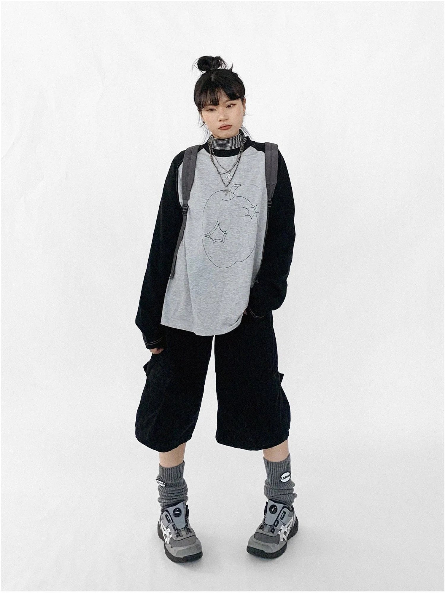 Apple Stitch Line Print T-shirt Long Sleeve Raglan Unisex