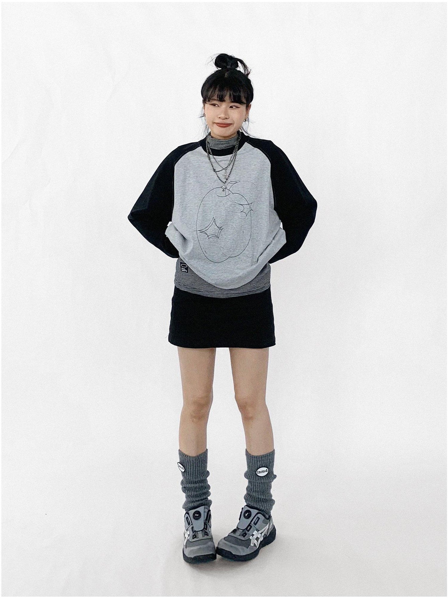 innomoood Apple Stitch Line Print T-shirt Long Sleeve Raglan Unisex