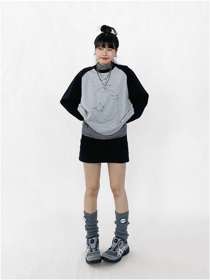 innomoood Apple Stitch Line Print T-shirt Long Sleeve Raglan Unisex