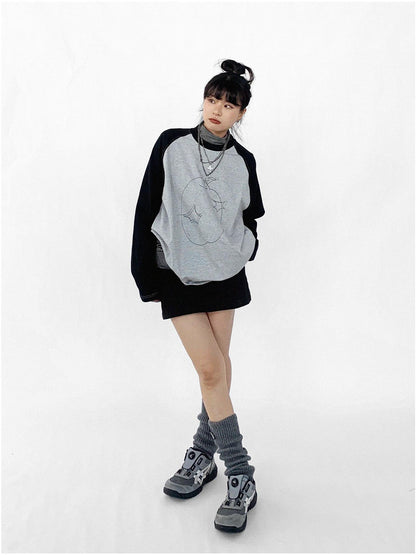 innomoood Apple Stitch Line Print T-shirt Long Sleeve Raglan Unisex