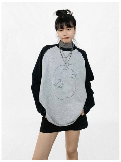 Apple Stitch Line Print T-shirt Long Sleeve Raglan Unisex