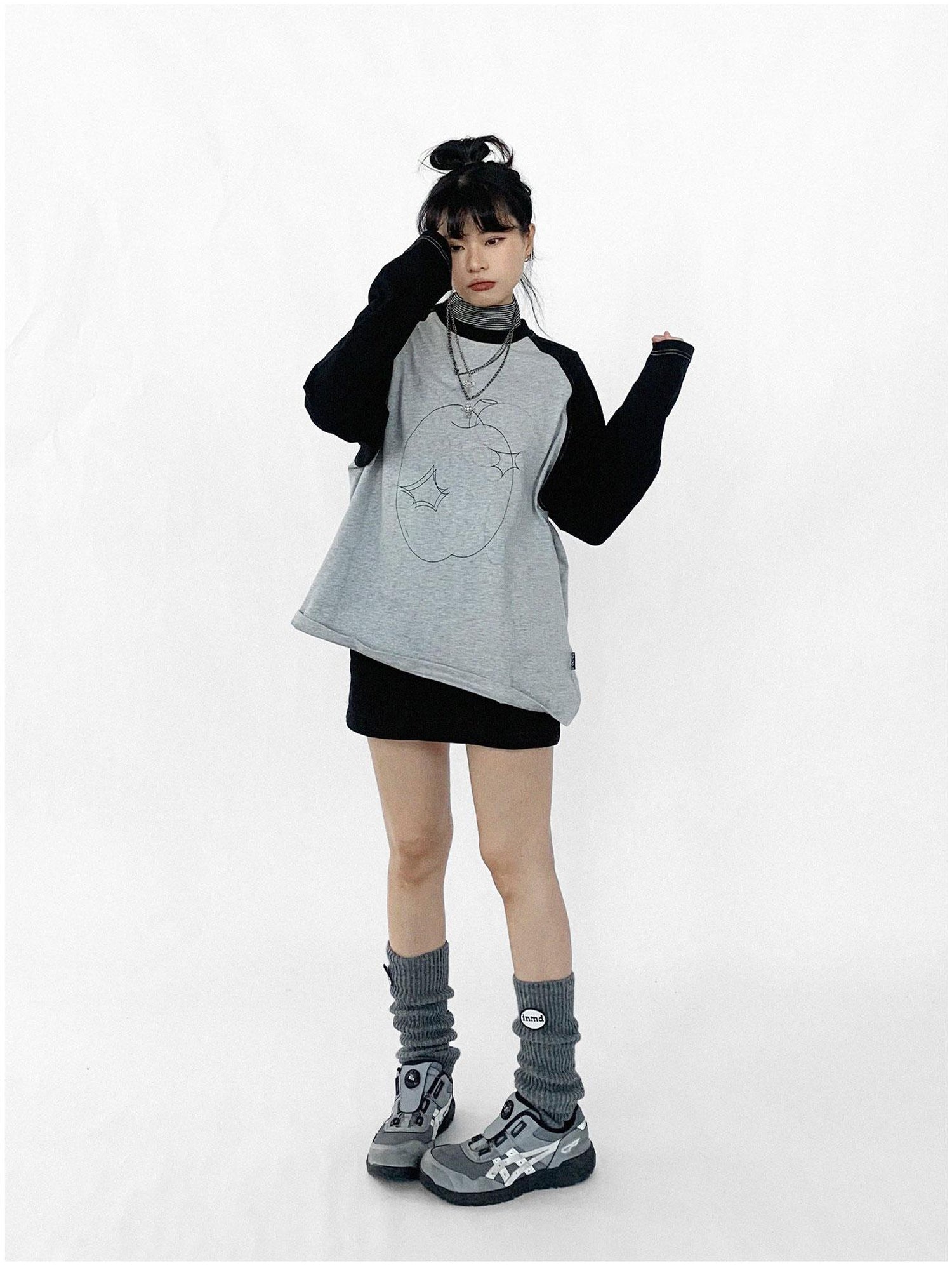innomoood Apple Stitch Line Print T-shirt Long Sleeve Raglan Unisex