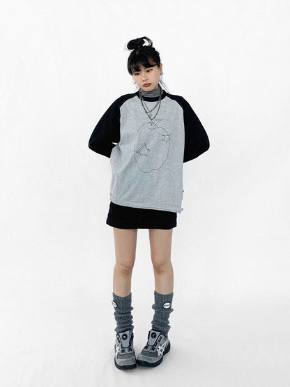 innomoood Apple Stitch Line Print T-shirt Long Sleeve Raglan Unisex