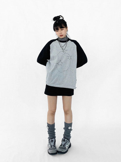 Apple Stitch Line Print T-shirt Long Sleeve Raglan Unisex