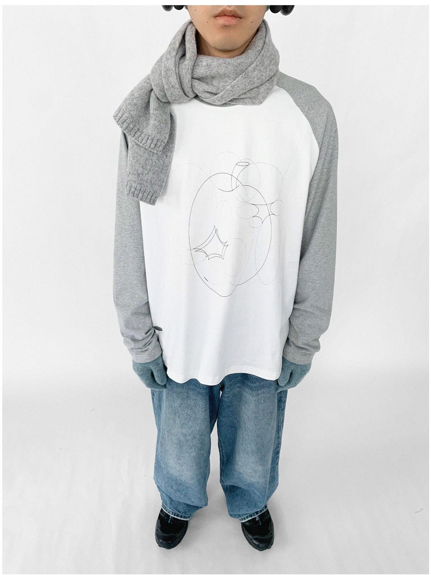 innomoood Apple Stitch Line Print T-shirt Long Sleeve Raglan Unisex