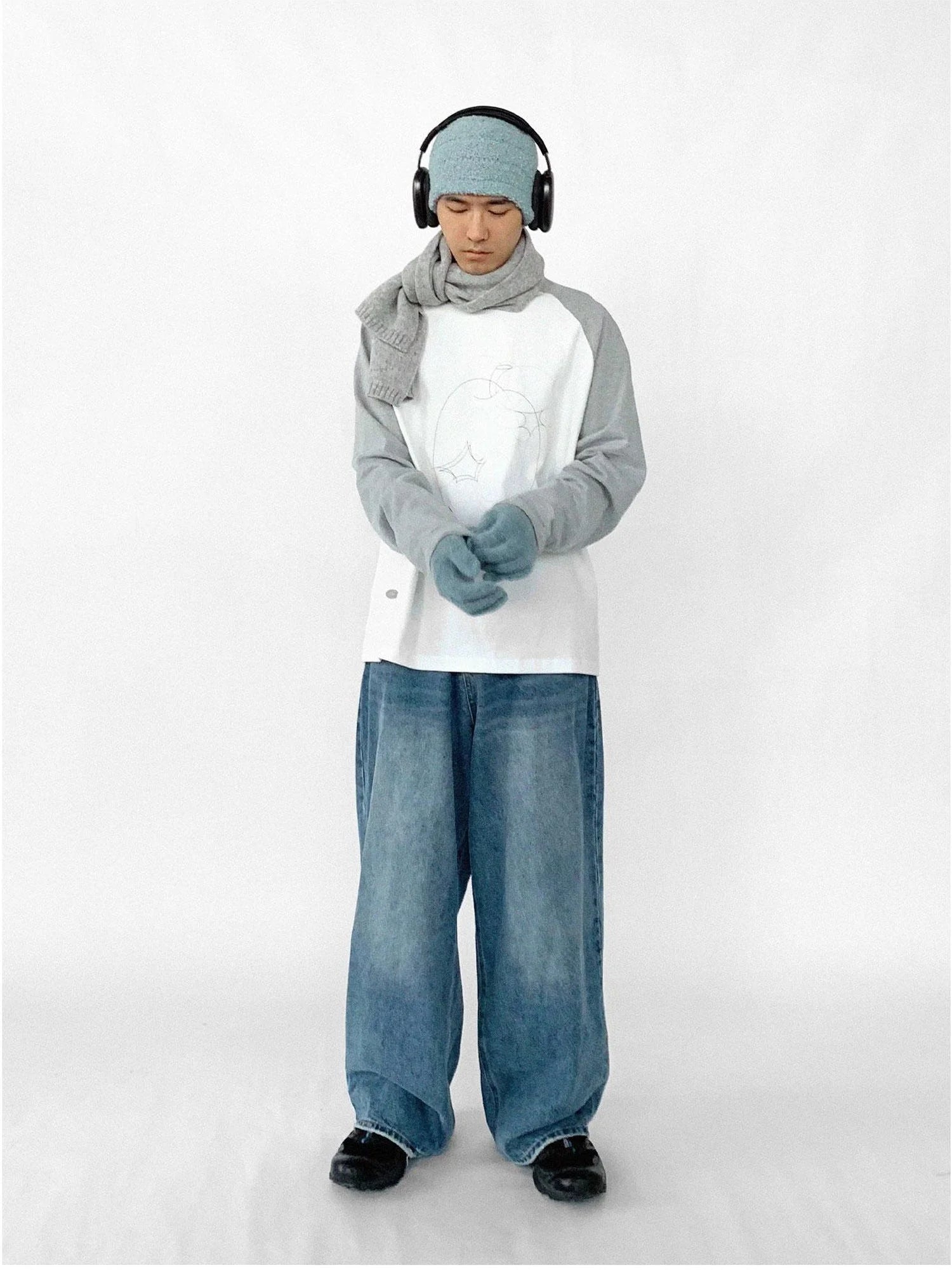 Apple Stitch Line Print T-shirt Long Sleeve Raglan Unisex