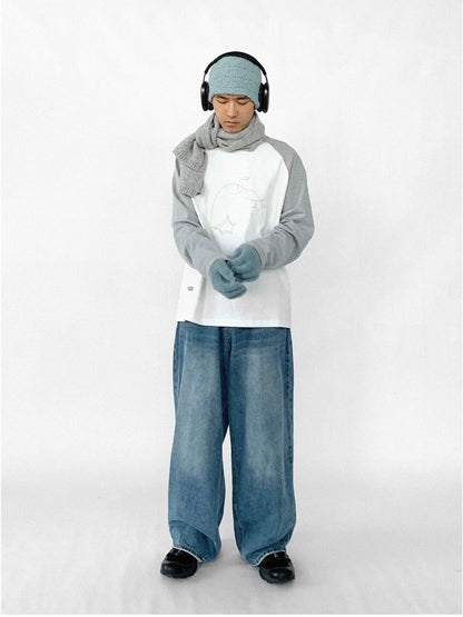 Apple Stitch Line Print T-shirt Long Sleeve Raglan Unisex