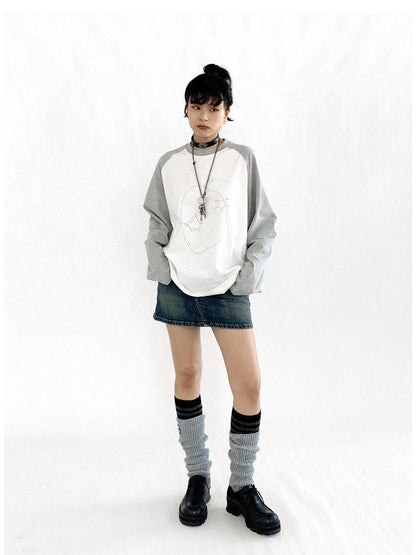 Apple Stitch Line Print T-shirt Long Sleeve Raglan Unisex