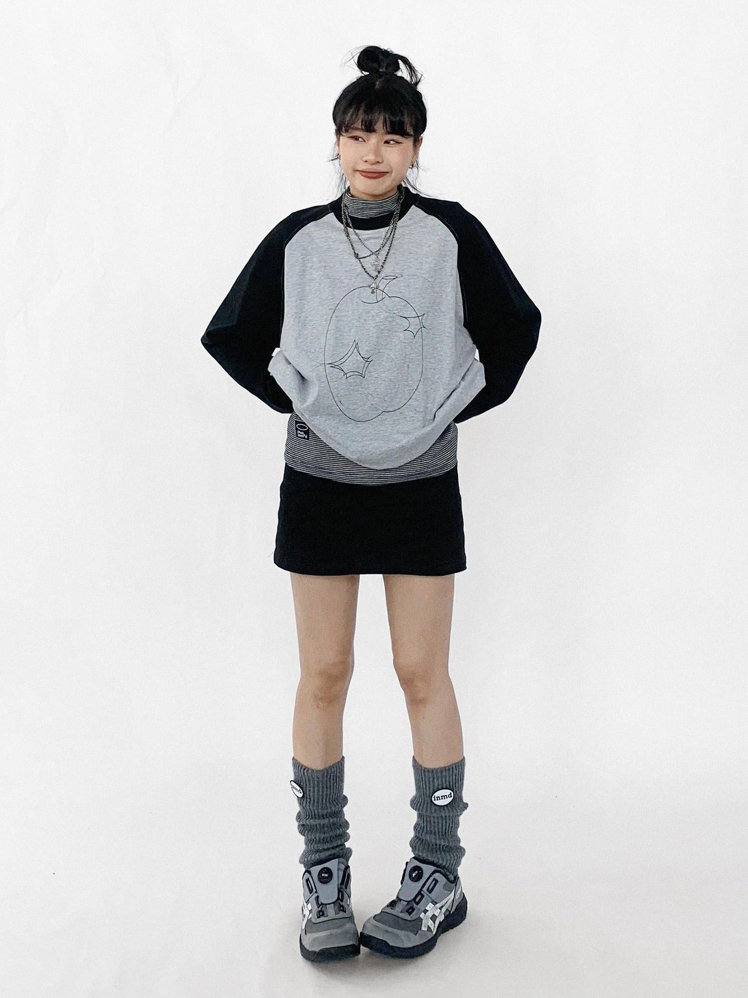 innomoood Apple Stitch Line Print T-shirt Long Sleeve Raglan Unisex