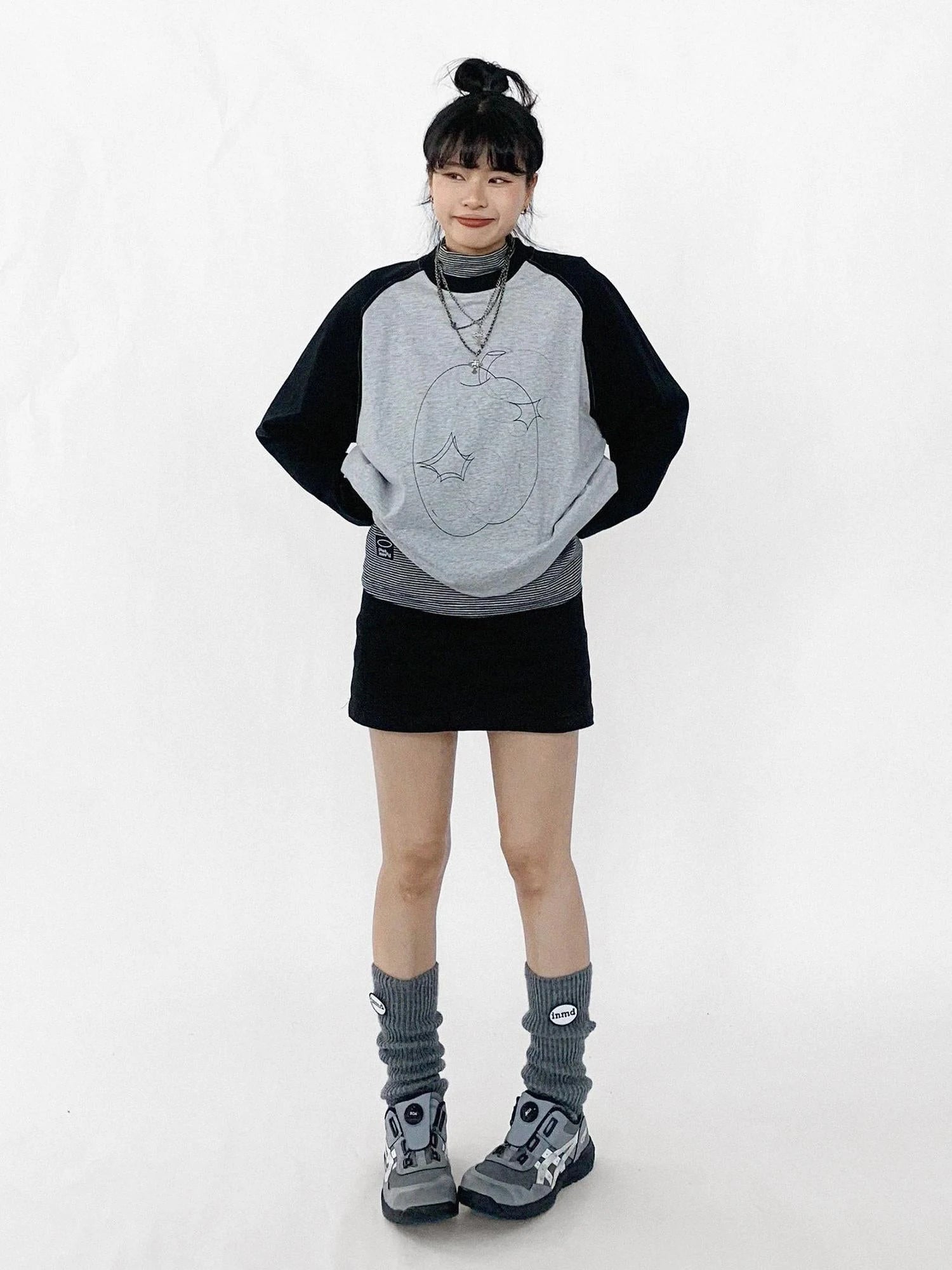 Apple Stitch Line Print T-shirt Long Sleeve Raglan Unisex