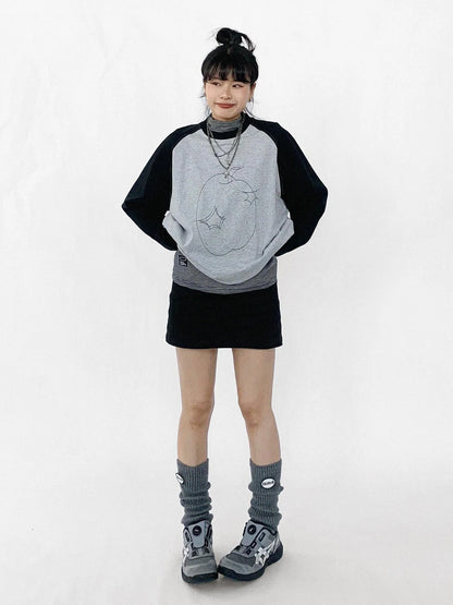 Apple Stitch Line Print T-shirt Long Sleeve Raglan Unisex