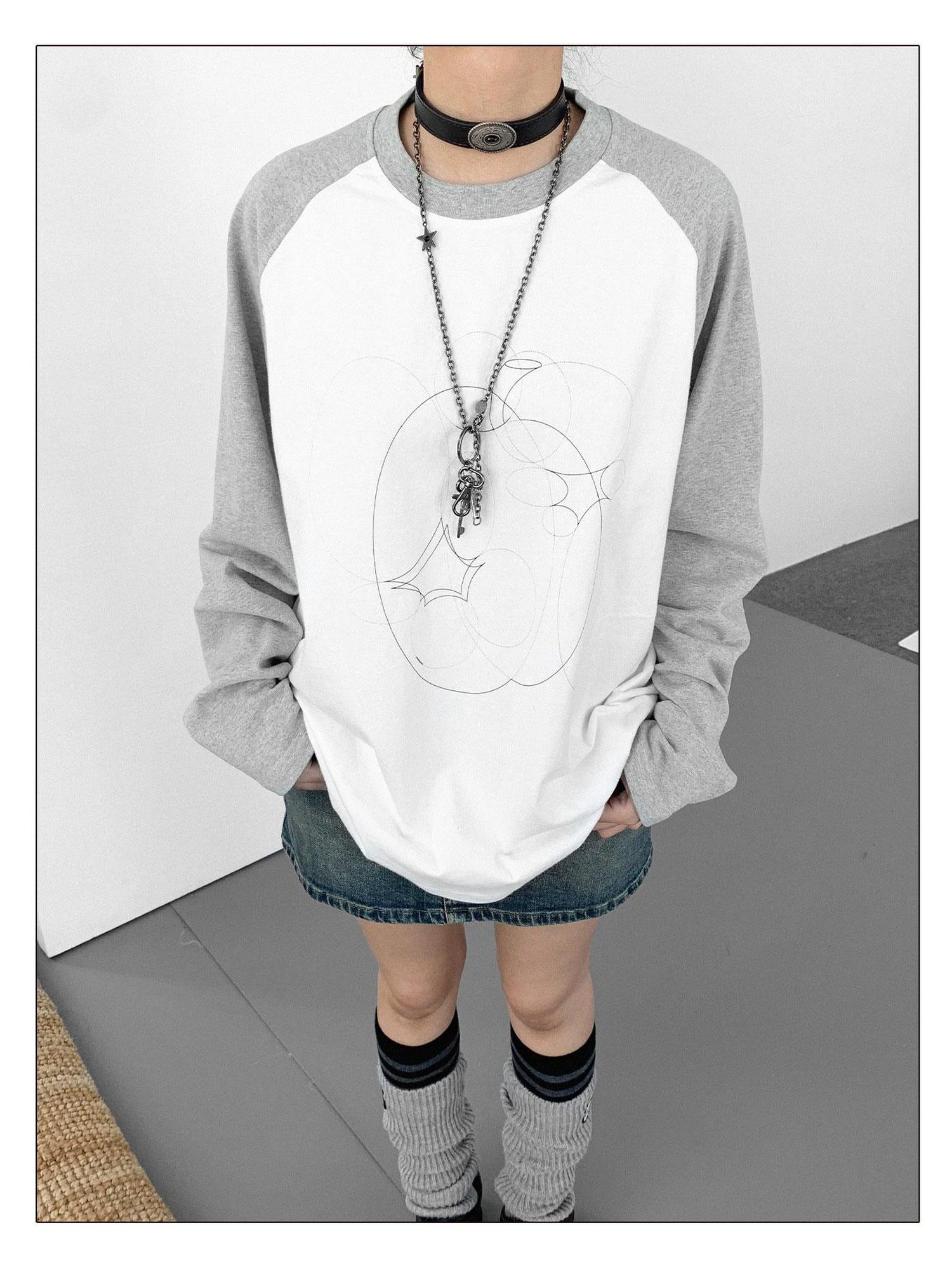 innomoood Apple Stitch Line Print T-shirt Long Sleeve Raglan Unisex