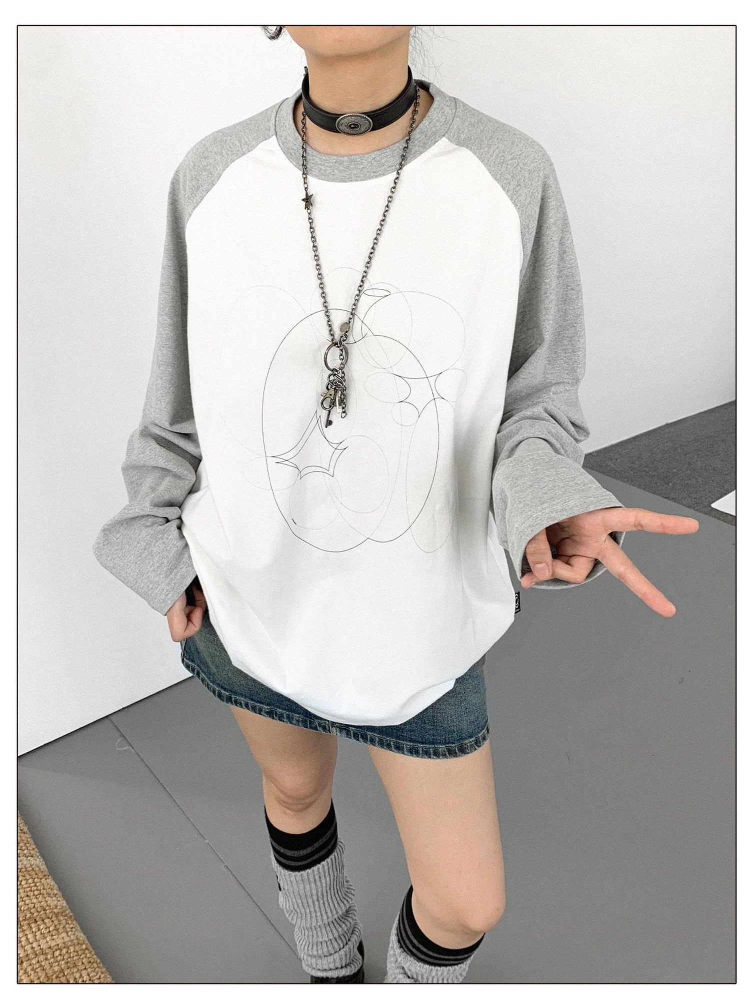 innomoood Apple Stitch Line Print T-shirt Long Sleeve Raglan Unisex