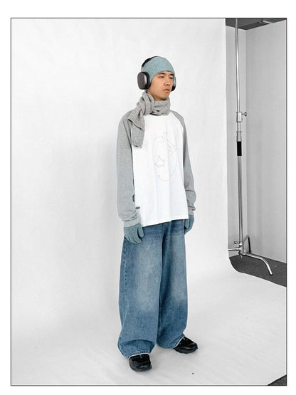 Apple Stitch Line Print T-shirt Long Sleeve Raglan Unisex