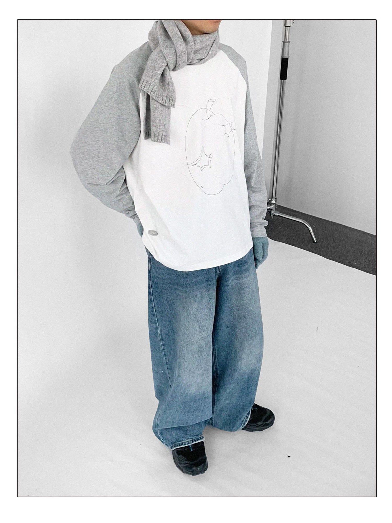 innomoood Apple Stitch Line Print T-shirt Long Sleeve Raglan Unisex