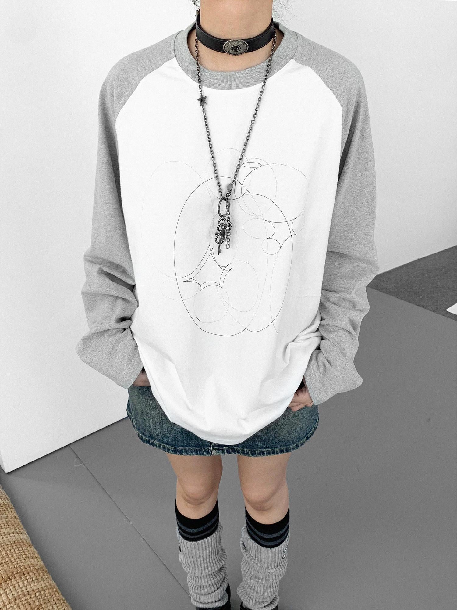 innomoood Apple Stitch Line Print T-shirt Long Sleeve Raglan Unisex