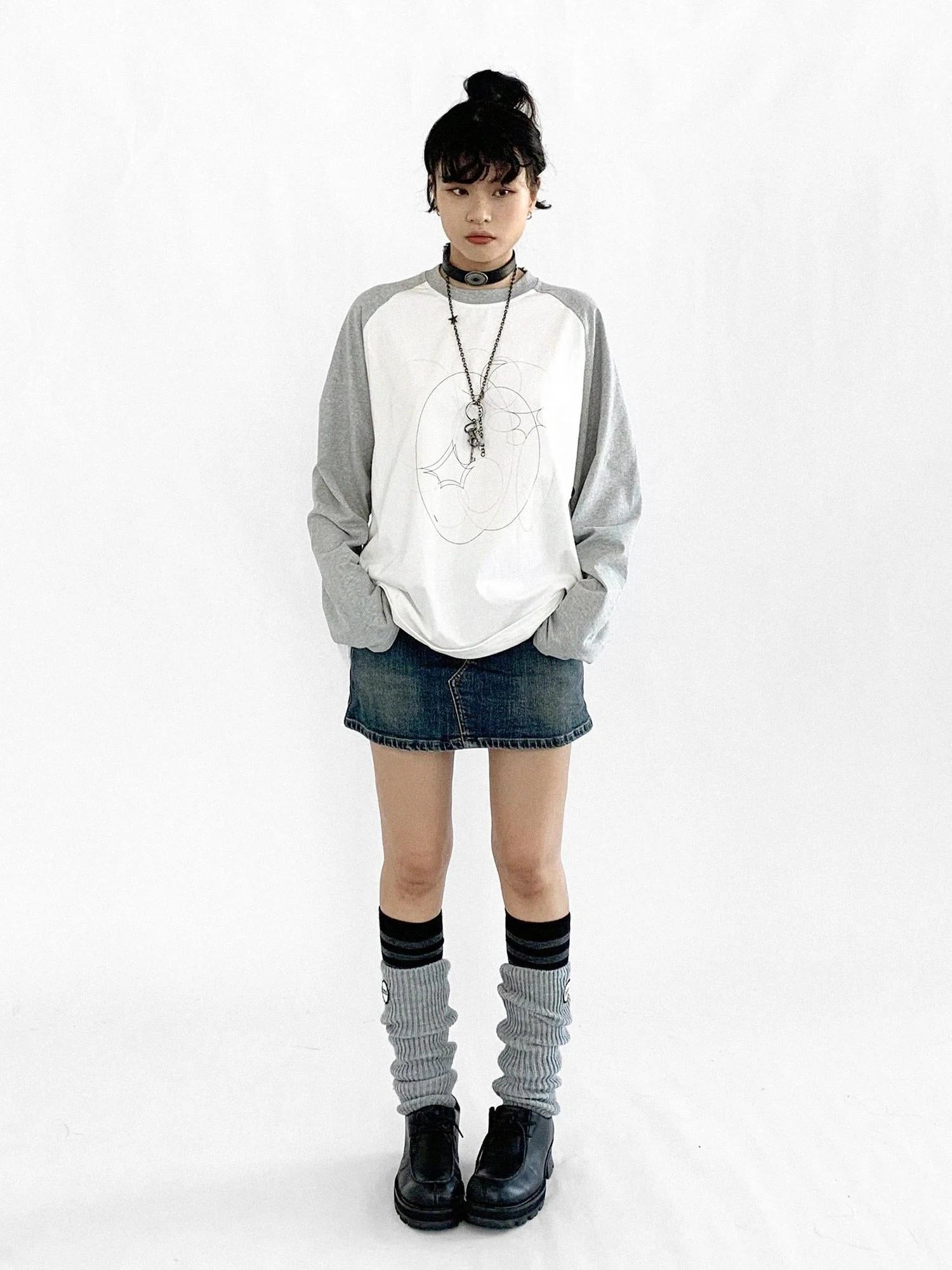 Apple Stitch Line Print T-shirt Long Sleeve Raglan Unisex