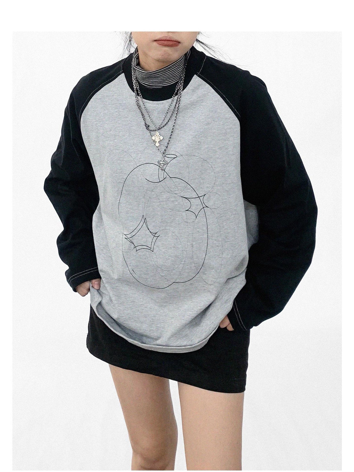 innomoood Apple Stitch Line Print T-shirt Long Sleeve Raglan Unisex