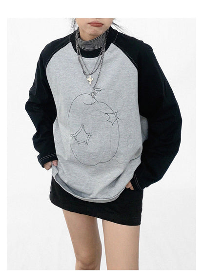 innomoood Apple Stitch Line Print T-shirt Long Sleeve Raglan Unisex