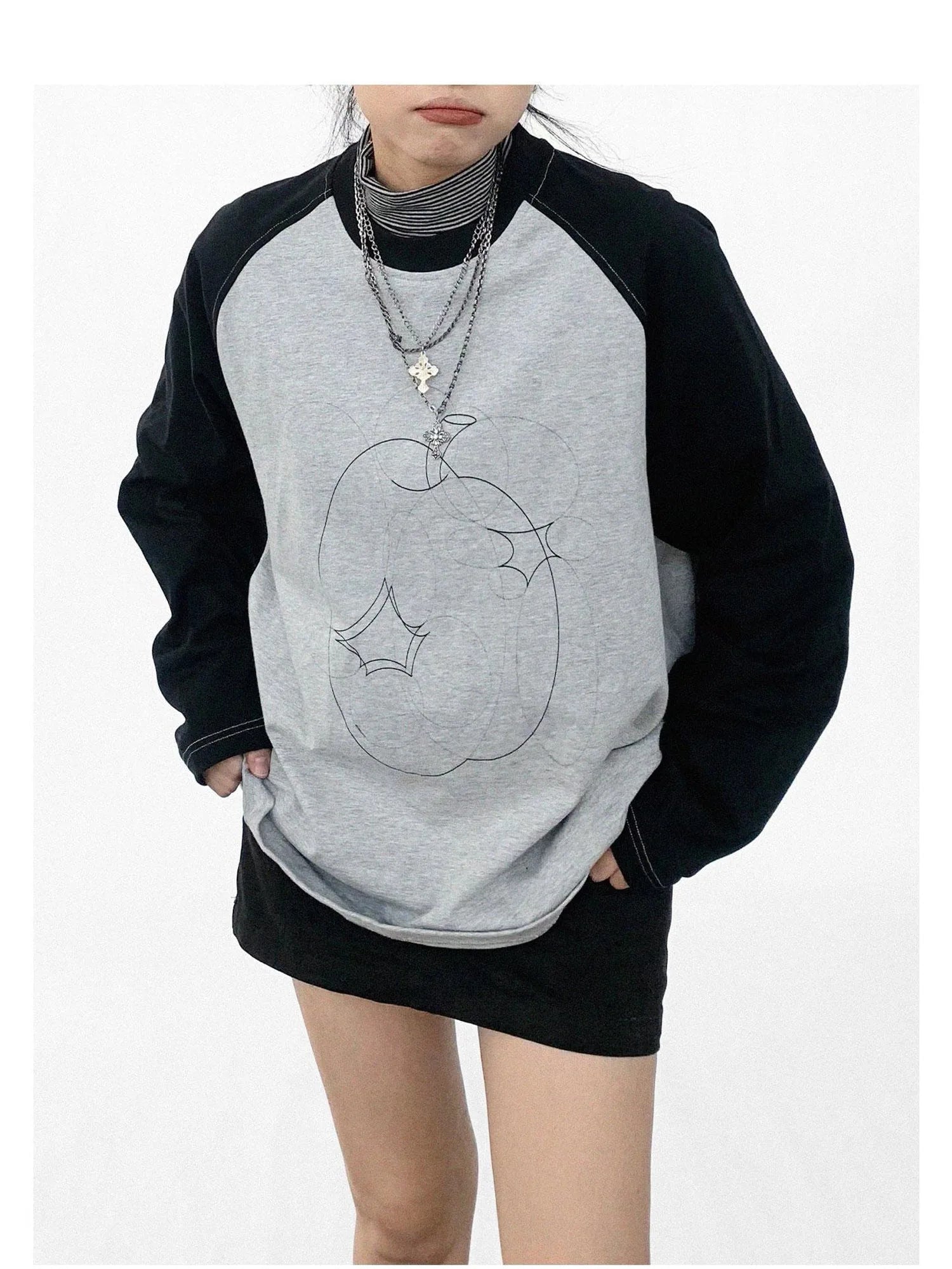 Apple Stitch Line Print T-shirt Long Sleeve Raglan Unisex