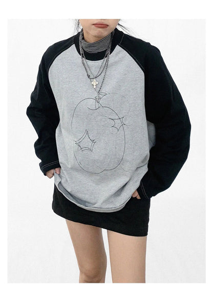 Apple Stitch Line Print T-shirt Long Sleeve Raglan Unisex